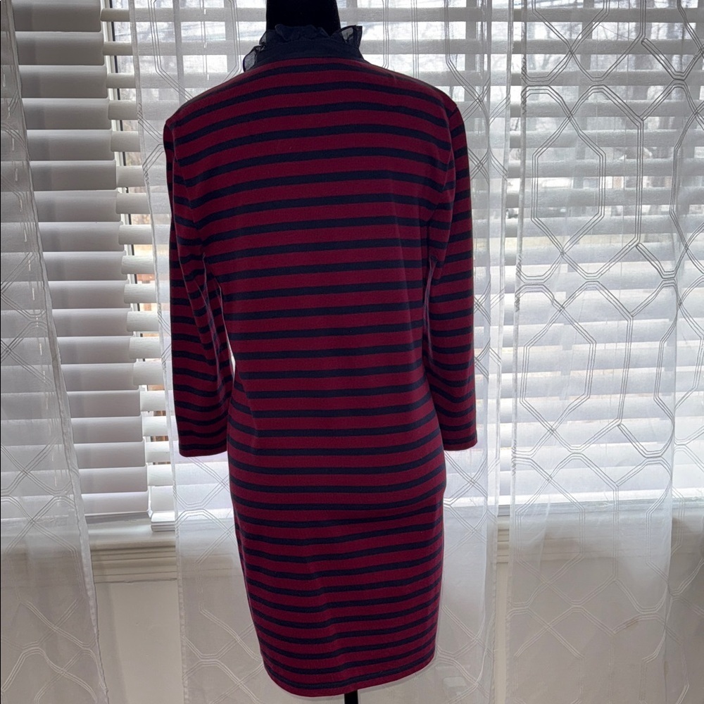 Tory Burch Striped Cotton Shift Dress Red Navy Ruffle Neck Logo Buttons Size S - Picture 6 of 11